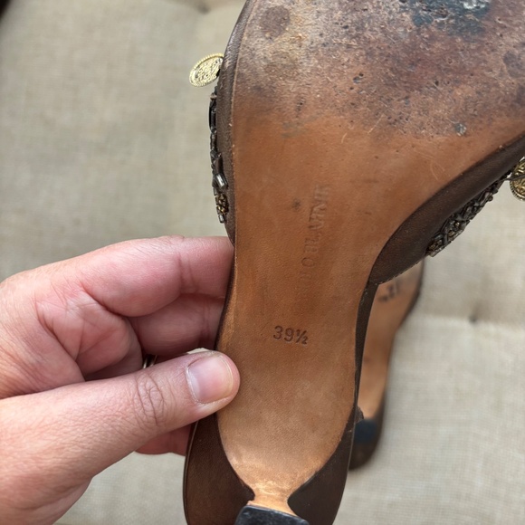 Manolo Blahnik 2000s Silver & Gold Coin Brown Leather Mule Heels - Picture 12 of 13